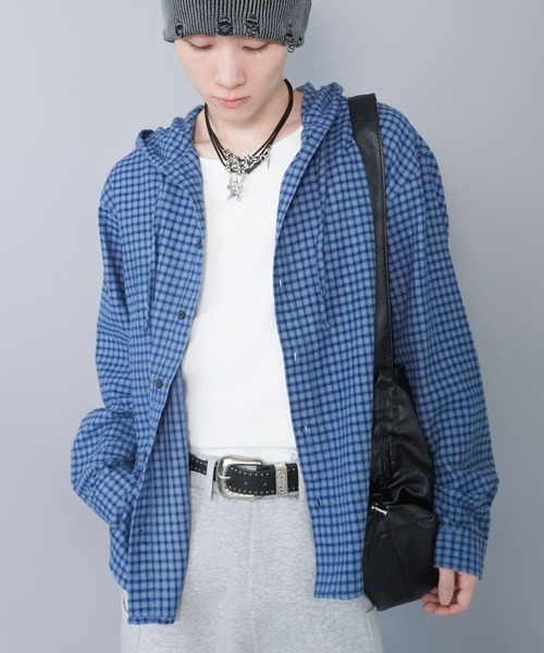 SPINNS（スピンズ） シャツ フード付きネルチェックシャツ/オンブレ