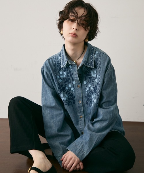 Trish（トリッシュ） ブラウス シャツ オリエンタル刺繍デニムシャツ