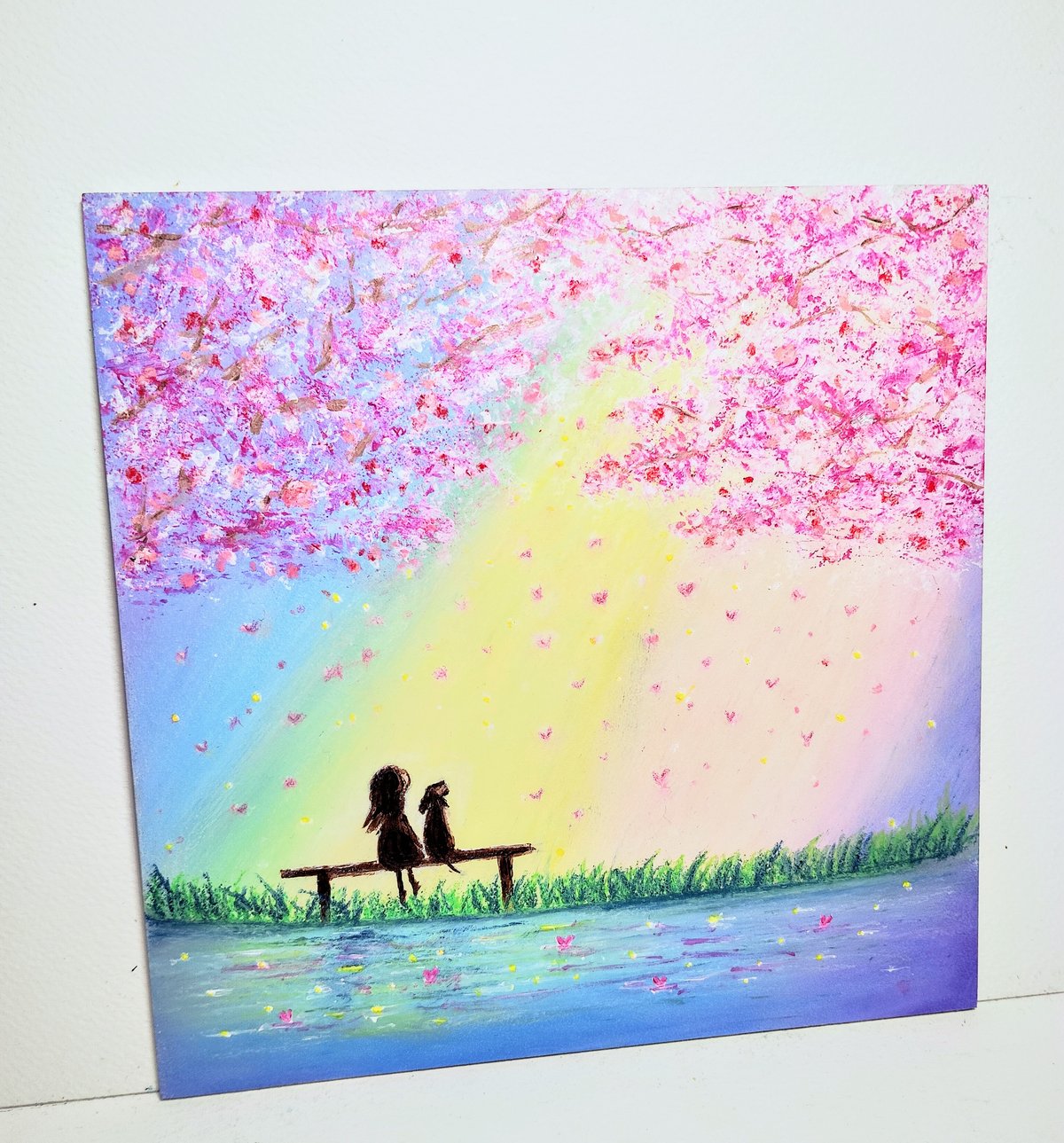 さくら 春色に包まれて ハートの花びら 【原画】オイルパステルアート