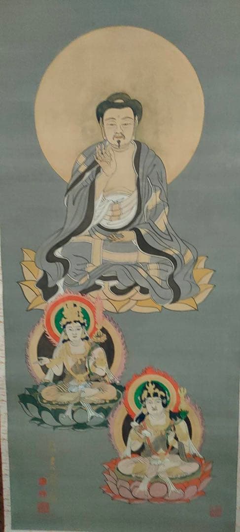 掛軸 釈迦三尊図 銘有 共木箱付