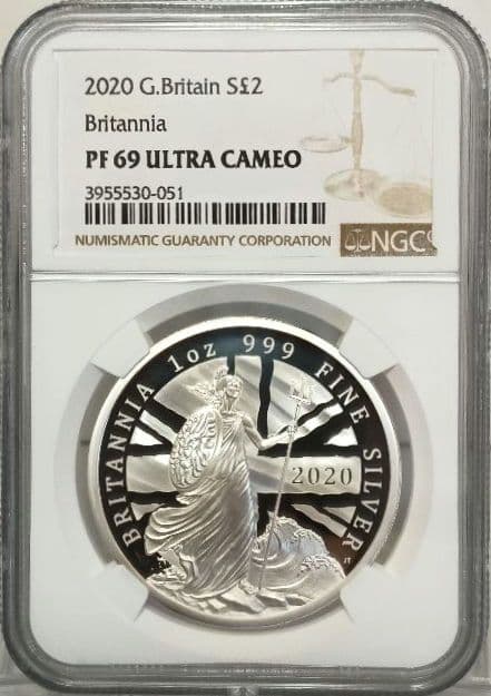 2020 イギリス ブリタニア 1オンス 2ポンド 銀貨 NGC PF69 UC