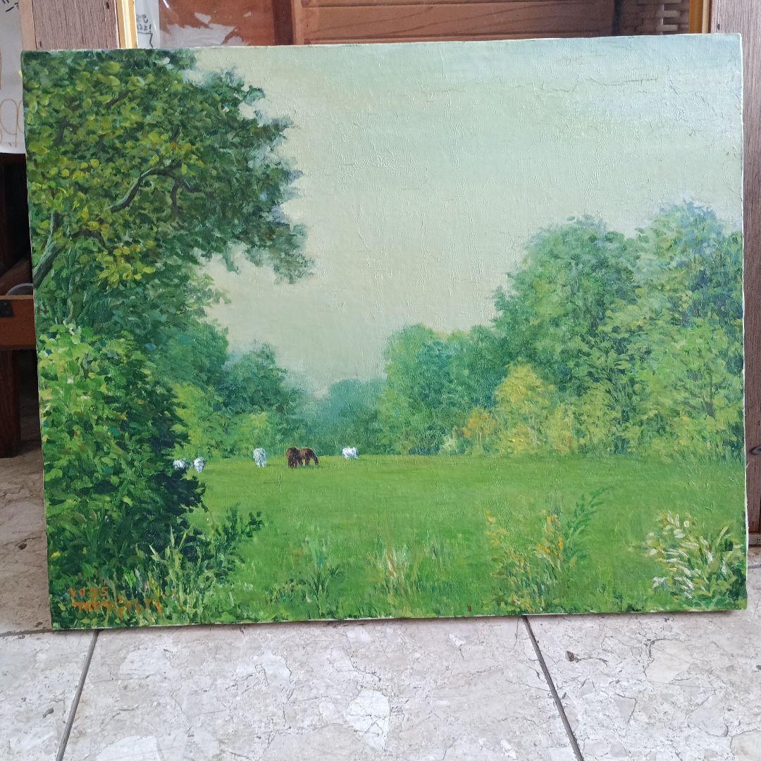 4262）松本竹敏　油絵F１５号「馬牛のいる風景　１９７５年」独立美術協会所属 遠藤ミマン「牛のいる風景」油絵・F10号 絵画買取・販売の小竹美術