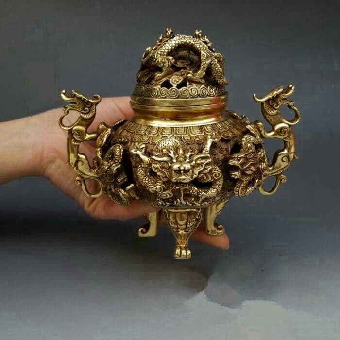 古代純銅の大きな透かし彫りの九竜薫香炉置物