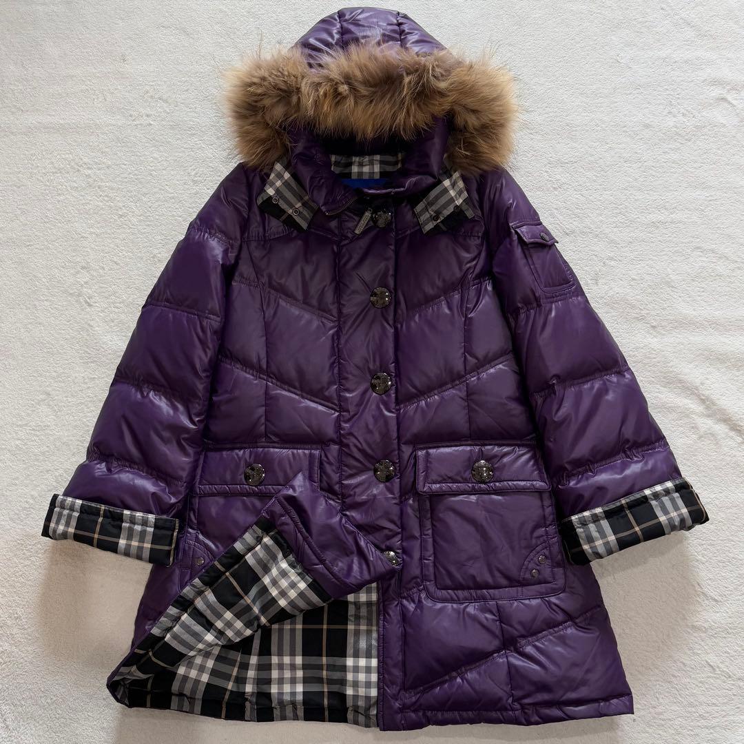 バーバリーブルーレーベル　ダウンコート　チェック　フード　ファー　パープル　L BURBERRY BLUE LABEL（バーバリーブルーレーベル） 美品△BURBERRY