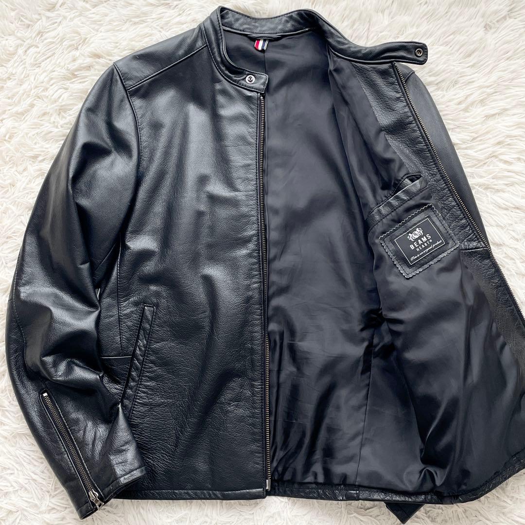 美品 BEAMS 本革 シングルライダース シボ加工 レザータグ ダブルジップ