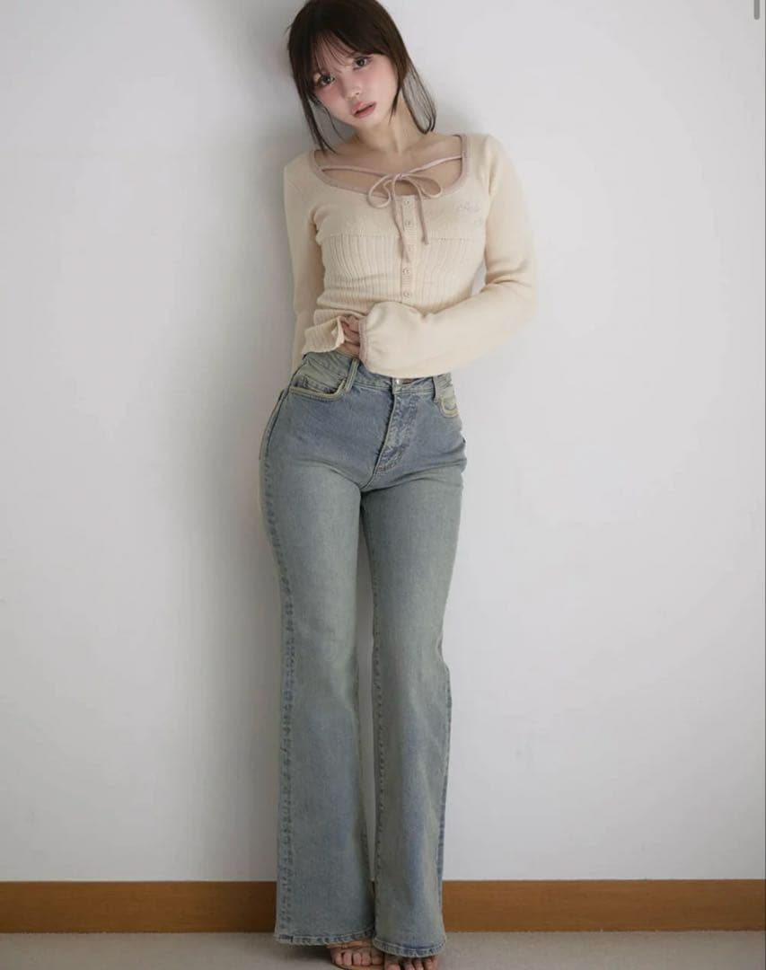 パンツ Heart stitch denim blue beige