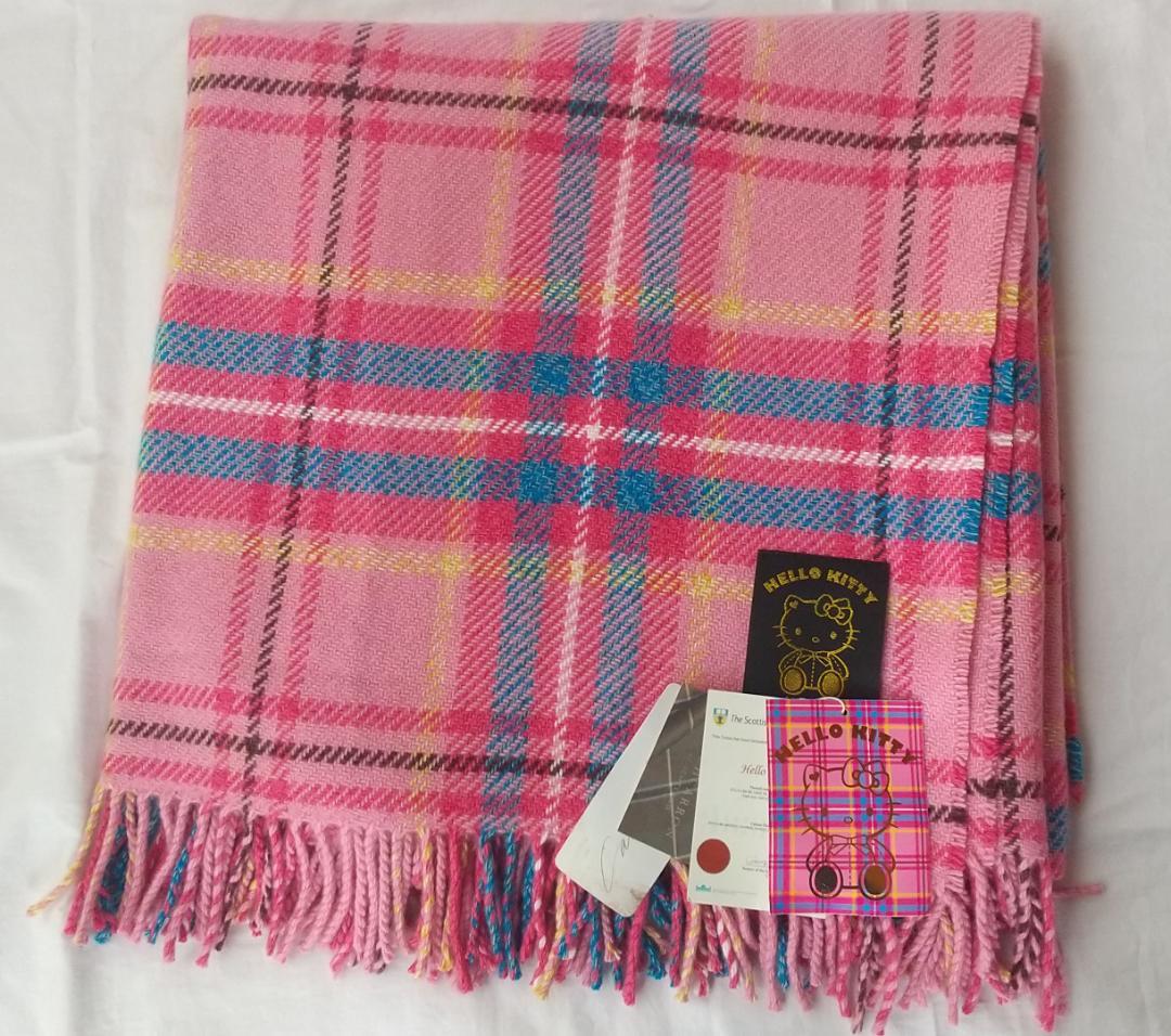 キティ　ブランケット　ストール　タータンチェック　ピンク　カシミヤ100%